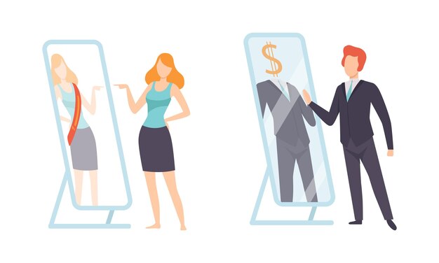 A person standing in front of a mirror, practicing salary negotiation techniques with different facial expressions and tones of voice. The background should be a comfortable and familiar setting, like a home office or living room.