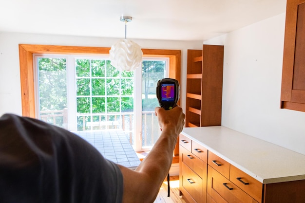 An energy auditor using a thermal imaging camera to detect heat loss around a window frame in a residential home. The image clearly shows the color variations indicating areas of poor insulation.