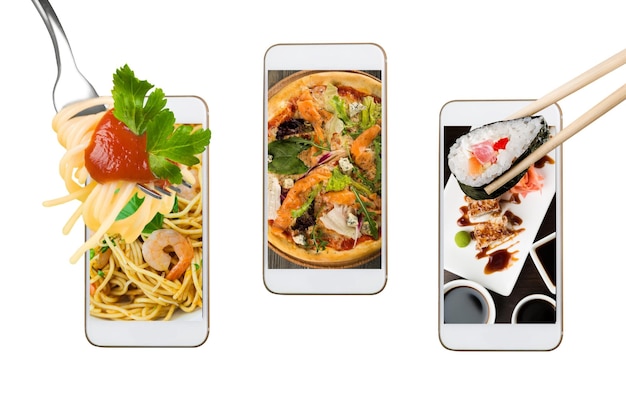 A collage of smartphone screens displaying different food apps, each showcasing various free meal and snack offers. The apps include names like 
