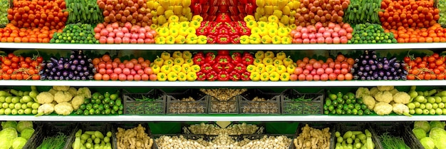 A panoramic view of a grocery store's produce section, showcasing a variety of fresh fruits and vegetables. Include a small sampling station with a sign indicating 