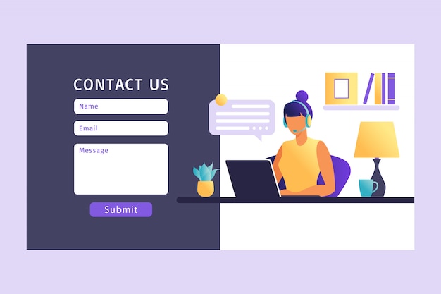 A split screen showing a person writing an email to customer service on one side and a customer service representative responding on the other, both smiling. The setting is a brightly lit office with plants and modern decor.