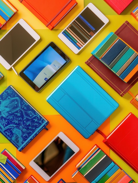 A montage of various ebook reader apps on a tablet screen, each displaying a different ebook cover. Icons of Project Gutenberg, Smashwords, and the Internet Archive are visible. The background is a blurred image of a library.