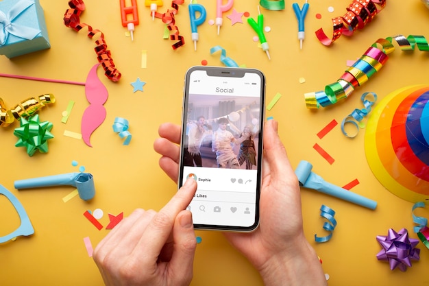 A smartphone screen displaying a company's Instagram post announcing a free sticker giveaway, with a caption encouraging followers to like, share, and tag friends to participate.