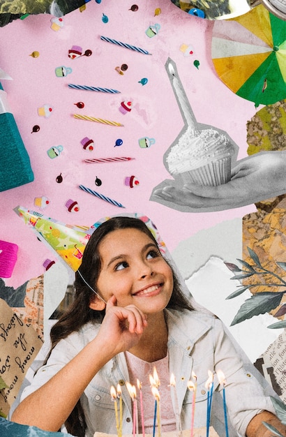 A collage showing various birthday freebies like a free drink from Starbucks, a birthday coupon from a clothing store, and a sample of a beauty product from Sephora, all arranged on a festive background with confetti and streamers.