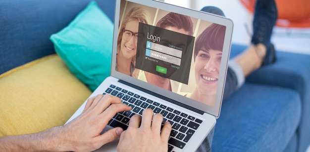 A person filling out an online form on a laptop, with a close-up of their hands typing and a background blurred to show a home office setup with wellness products, emphasizing the process of signing up for samples online.