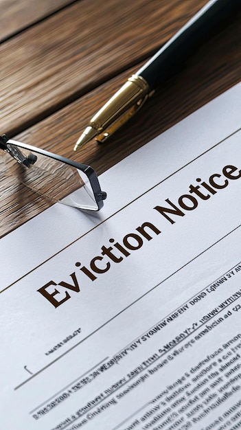 A close-up of an eviction notice lying on a doorstep, focusing on the words 