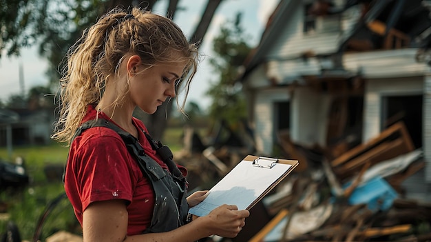 A FEMA inspector wearing a safety vest and hard hat, examining the exterior of a damaged house with a clipboard in hand. The background shows a neighborhood affected by a recent flood.