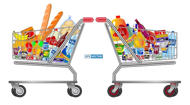 A split image showing a cluttered shopping cart filled with junk food on one side and a cart filled with healthy, fresh produce on the other side.