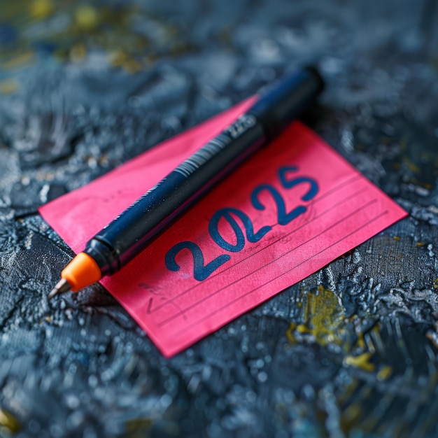 A close-up of a calendar marking January 1, 2025, with a pen highlighting the date. Beside the calendar, there's a small notebook with 