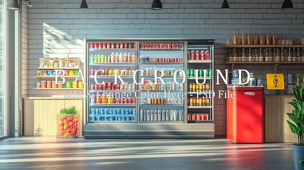 A brightly lit grocery store aisle with a promotional booth set up, where a brand representative is handing out free samples of a snack product to shoppers. The booth is decorated with colorful banners and product displays.