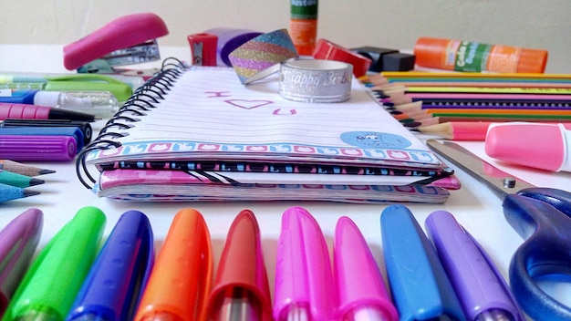 A close-up shot of a well-organized desk featuring essential back-to-school supplies, including colorful notebooks, sharpened pencils in a holder, a stylish laptop, and a sturdy backpack. The lighting is bright and inviting, emphasizing the appeal of a productive workspace.