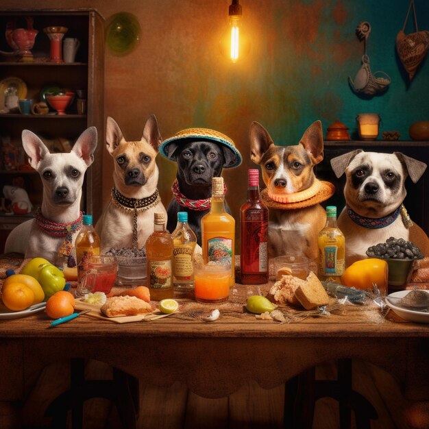 A sad-looking dog sitting next to a table with various human foods on it, illustrating the temptation to feed pets table scraps and emphasizing the importance of avoiding this practice for the pet's health.