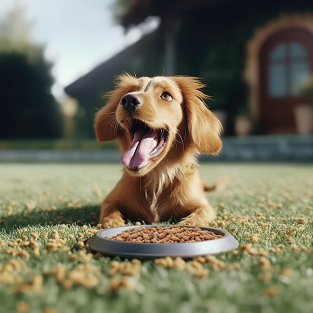 A cheerful dog excitedly eating from a sample-sized bowl of dry kibble outdoor in a sunny backyard, showcasing the positive experience of trying free samples. The dog is a medium-sized breed with a shiny coat, and the background includes green grass and a blurred fence.